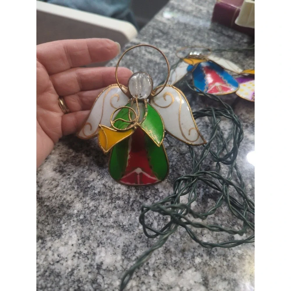 Vintage Multicolor Capiz & Wire Angel Playing Trumpets String Lights 5 Angels